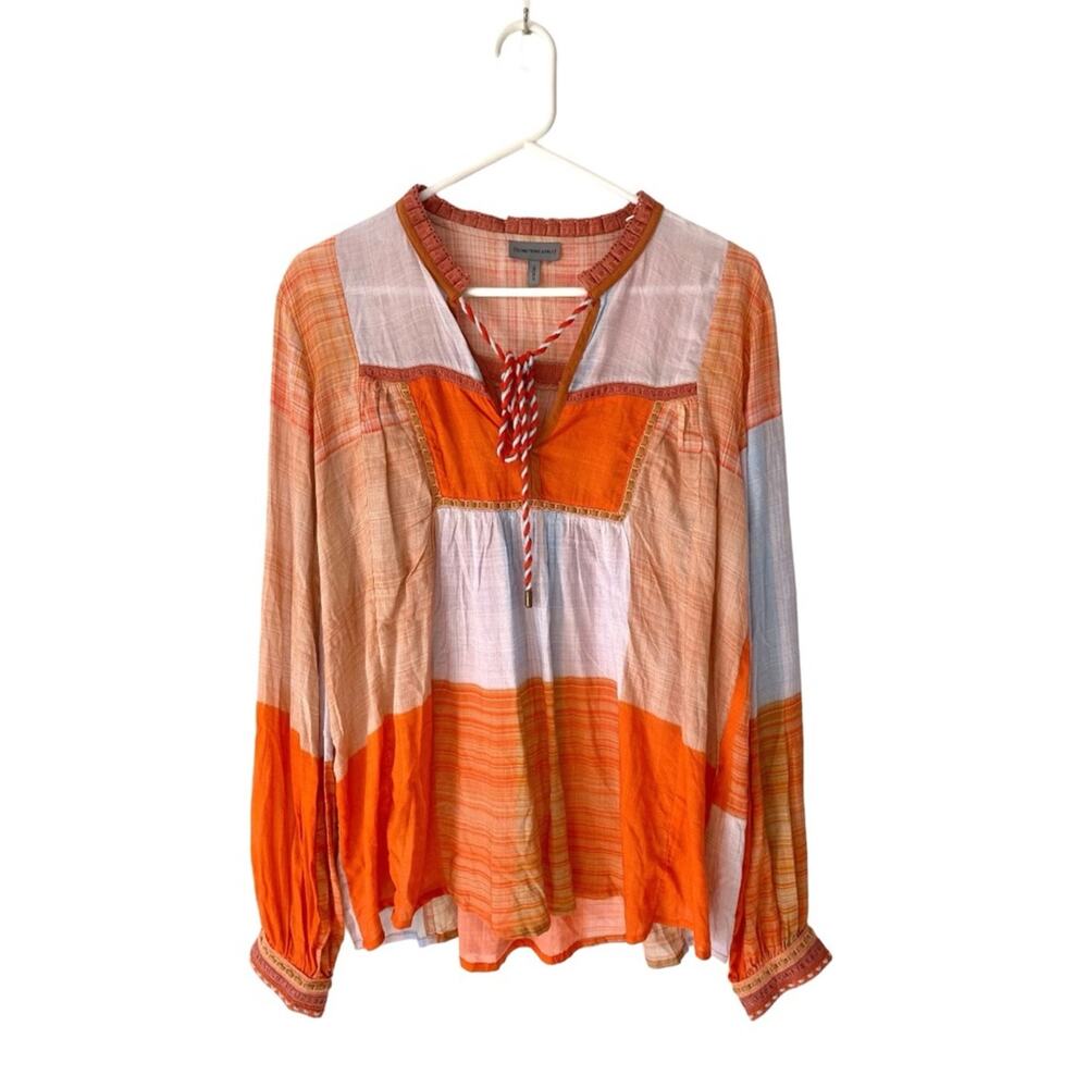 Conditions Apply Painterly Peasant Blouse Orange Blue Squares size medium - Picture 3 of 8